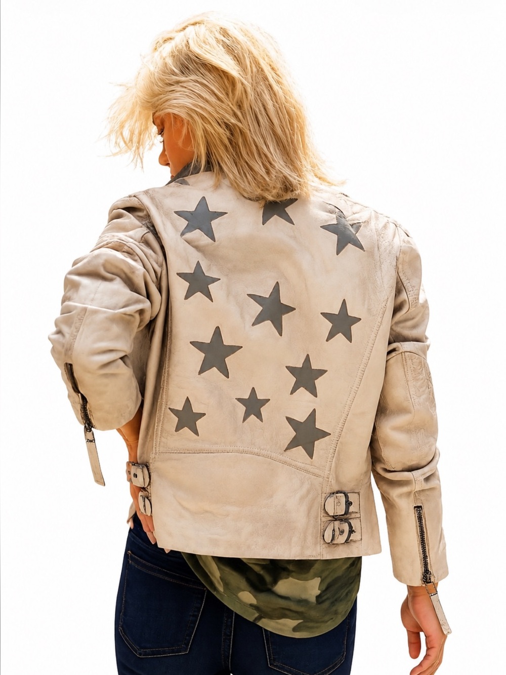 Mauritius Christy Scatter Stars Lambskin Leather Moto Jacket Lt Tan Sz 10 EUC!